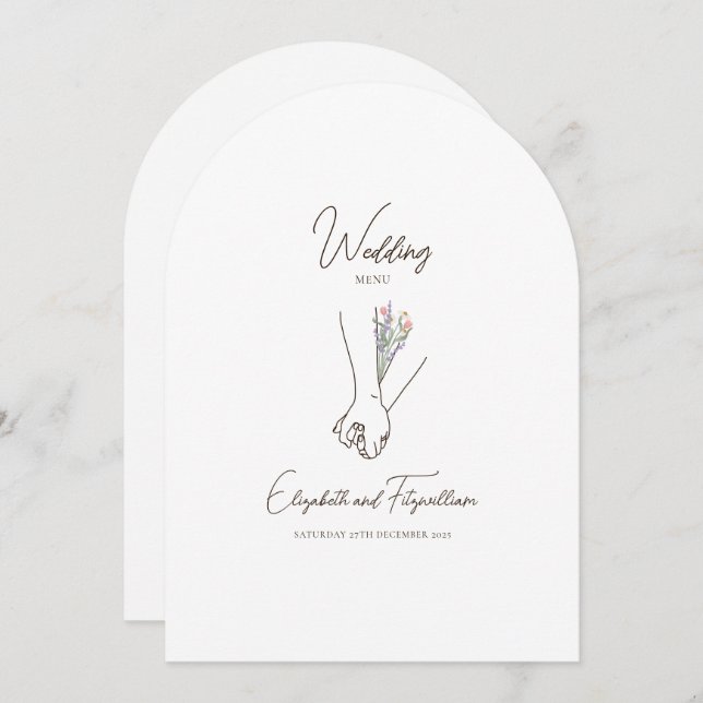 Romantic Line Art Couple Holding Hands Flower Menu Invitation (Front/Back)