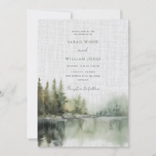 Romantic linen wild green forest Wedding Invitation