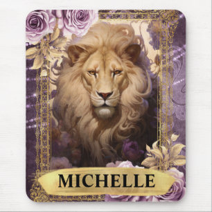 Romantic Lion and Purple Roses Fantasy Mouse Mat