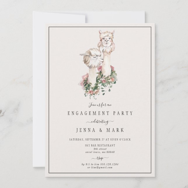 Romantic Llama bridal couple engagement party Invitation (Front)
