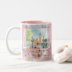 Romantic London Coffee Tea & Cake Pink Watercolor Two-Tone Coffee Mug