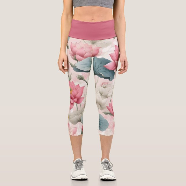 Romantic Lotus in Pink, Cream, and Soft Green Capri Leggings (Front)