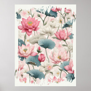 Romantic Lotus in Pink, Cream, and Soft Green Poster