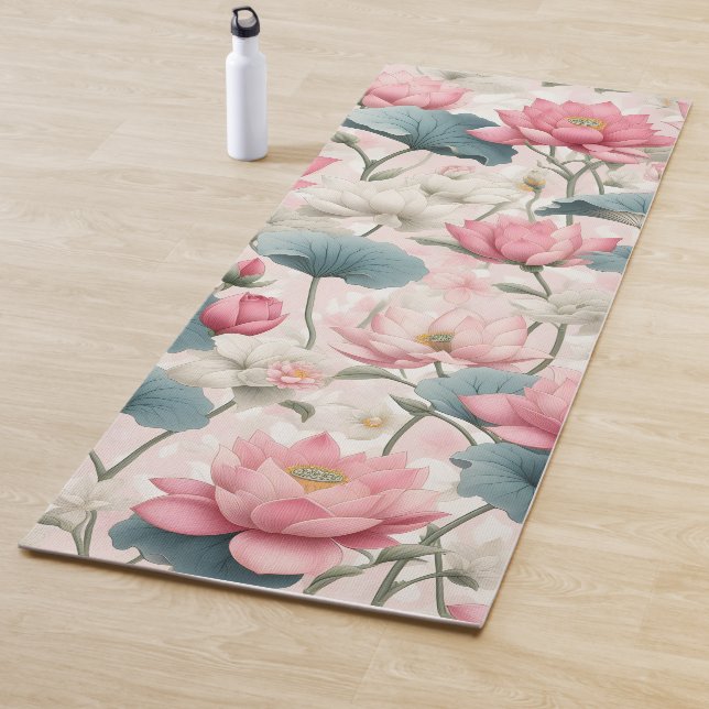 Romantic Lotus in Pink, Cream, and Soft  Green Yoga Mat (In Situ)