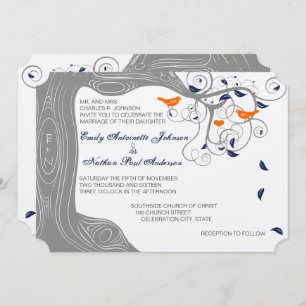 Romantic Love Bird Tree Orange Navy Wedding Invitation