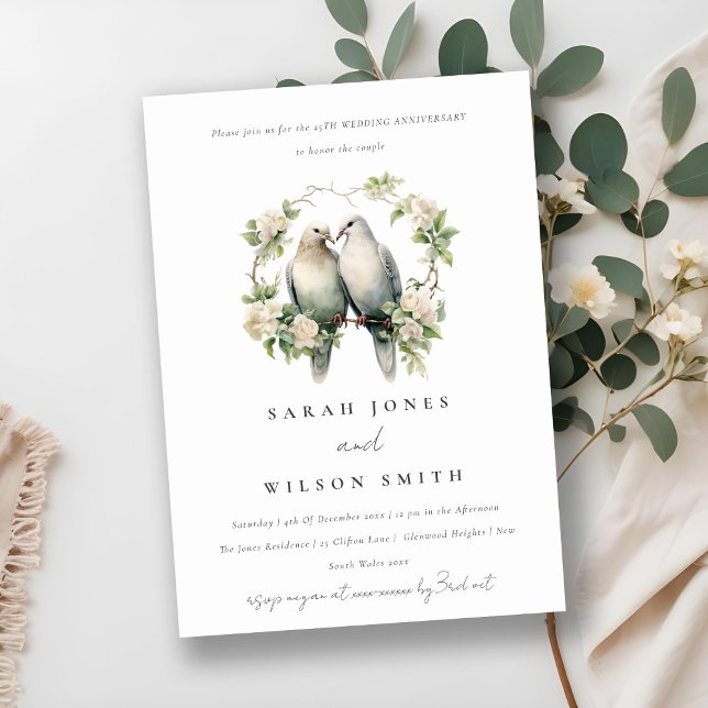 Romantic Love Birds Botanical Wreath Anniversary  Invitation (Creator Uploaded)