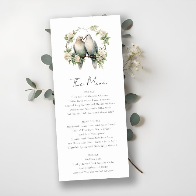 Romantic Love Birds Botanical Wreath Wedding Menu Invitation (Creator Uploaded)