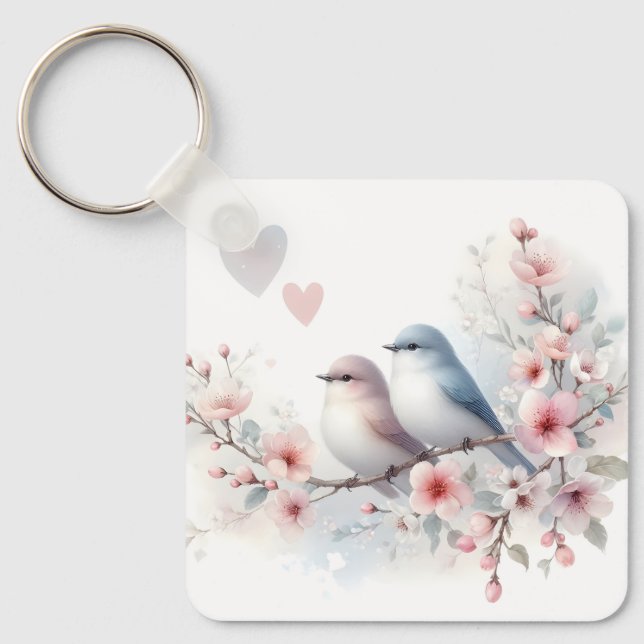 Romantic Love Birds Cherry Blossom Branch Key Ring (Front)