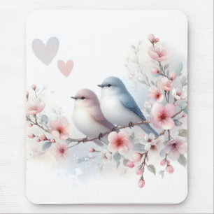 Romantic Love Birds Cherry Blossom Branch Mouse Mat