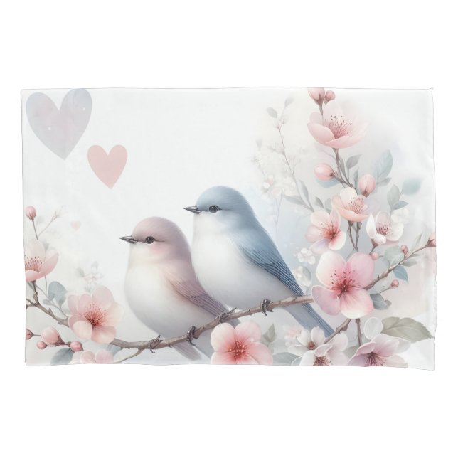 Romantic Love Birds Cherry Blossom Branch Pillowcase (Front)