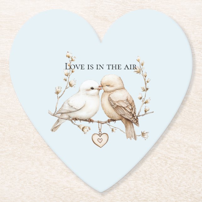 Romantic Love Birds Heart Wedding Paper Coaster (Front)