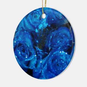Romantic Love Blue Glitter Glamour Roses Ceramic Tree Decoration