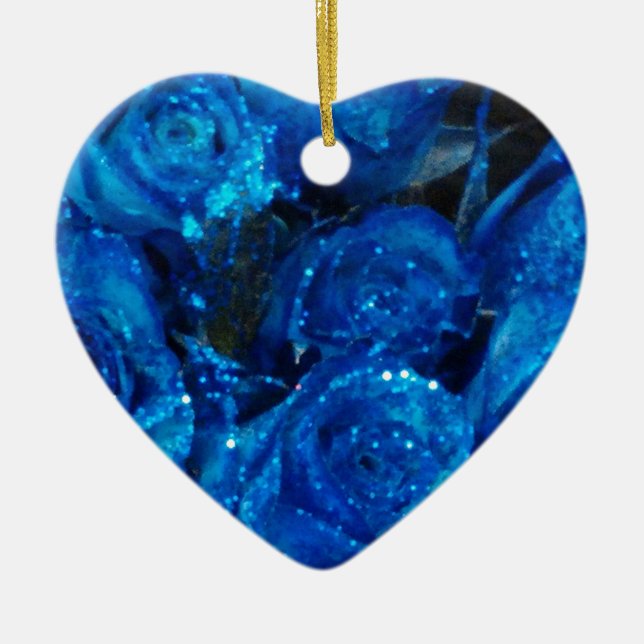 Romantic Love Blue Glitter Glamour Roses Ceramic Tree Decoration (Front)