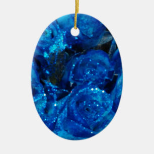 Romantic Love Blue Glitter Glamour Roses Ceramic Tree Decoration