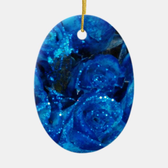 Romantic Love Blue Glitter Glamour Roses Ceramic Tree Decoration (Front)