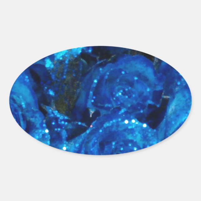 Romantic Love Blue Glitter Glamour Roses Oval Sticker (Front)