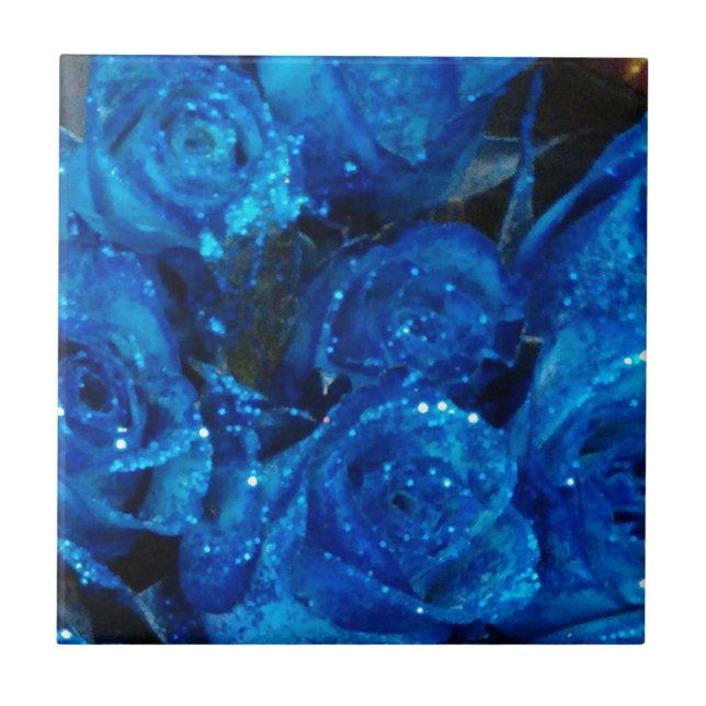 Romantic Love Blue Glitter Glamour Roses Tile (Front)