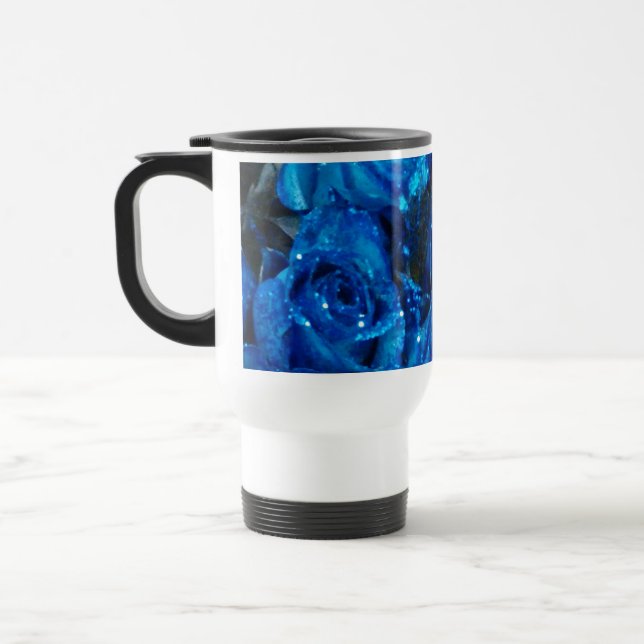 Romantic Love Blue Glitter Glamour Roses Travel Mug (Left)