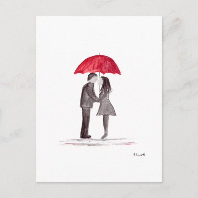 Romantic love couple with red umbrella watercolor postcard (Front)