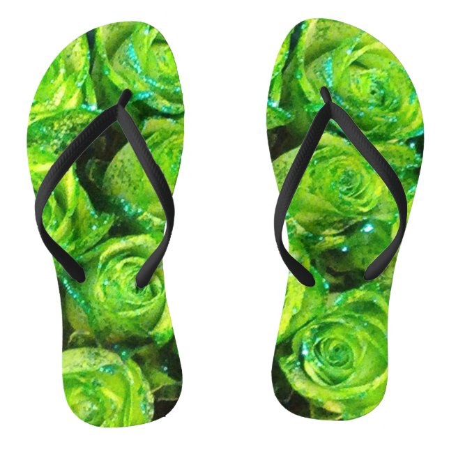 Romantic Love Green Glitter Roses Flip Flops (Footbed)