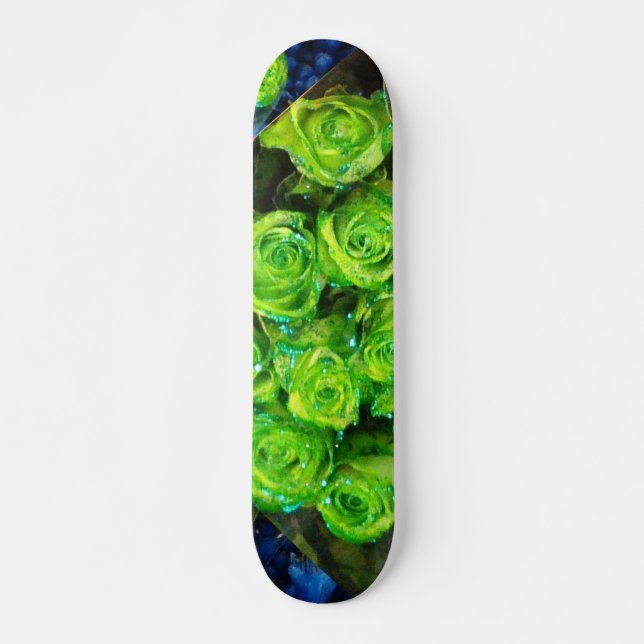 Romantic Love Green Glitter Roses Skateboard (Front)