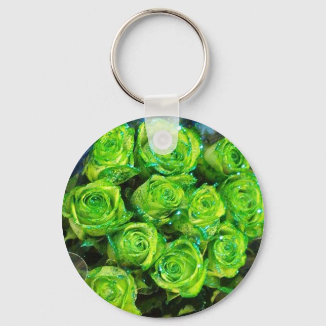 Romantic Love Green Valentine Glitter Roses Key Ring (Front)