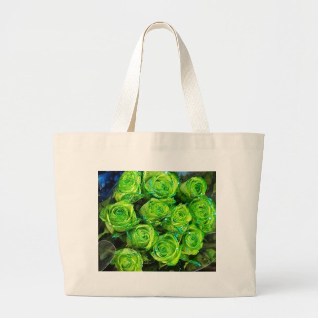 Romantic Love Green Valentine Glitter Roses Large Tote Bag (Front)