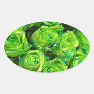 Romantic Love Green Valentine Glitter Roses Oval Sticker
