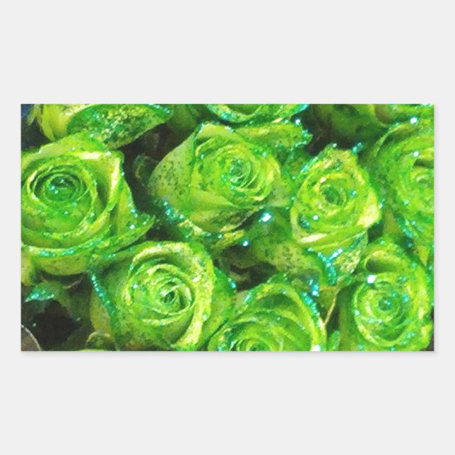 Romantic Love Green Valentine Glitter Roses Rectangular Sticker (Front)