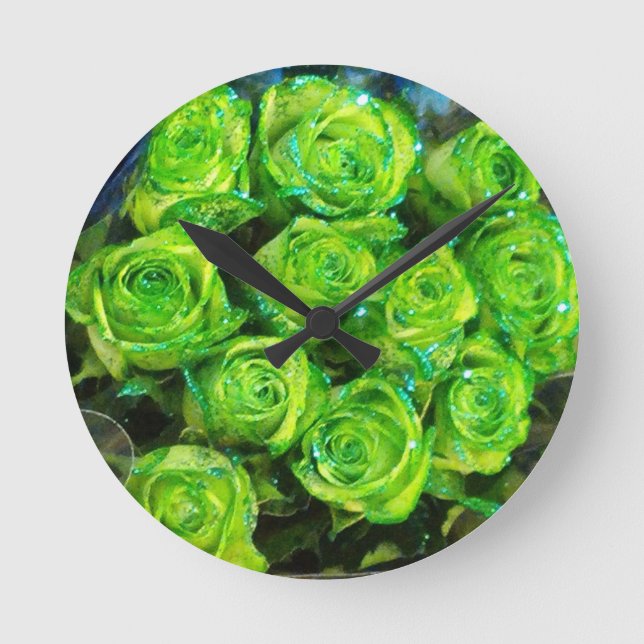 Romantic Love Green Valentine Glitter Roses Round Clock (Front)