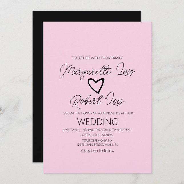 Romantic Love Heart Pink Black Invitation (Front/Back)