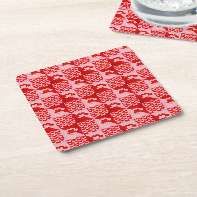 Romantic Love Hearts Pattern Red Pink Valentine Square Paper Coaster (Angled)