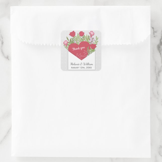 Romantic Love Letter Roses & Heart Custom Wedding Square Sticker (Bag)