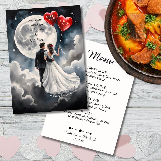 Romantic Love On Cloud Nine Fairytale Wedding Menu (Flat lay celestial bride groom with red hearts moon stars – On Cloud Nine Wedding Menu)