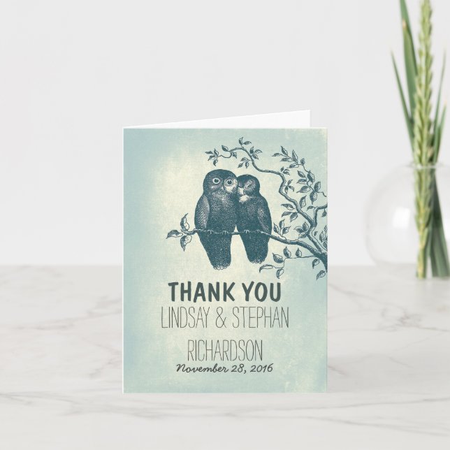 romantic love owls couple wedding thank you cards (Front)