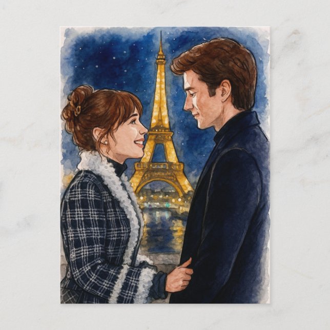 Romantic Love Paris Man Woman Watercolor Postcard (Front)