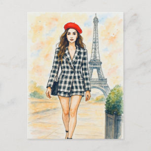Romantic Love Paris Man Woman Watercolor Postcard