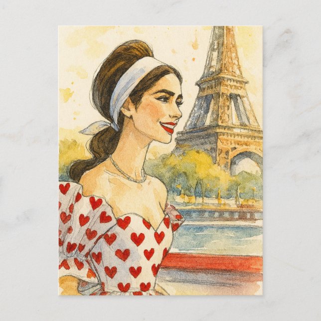 Romantic Love Paris Man Woman Watercolor Postcard (Front)