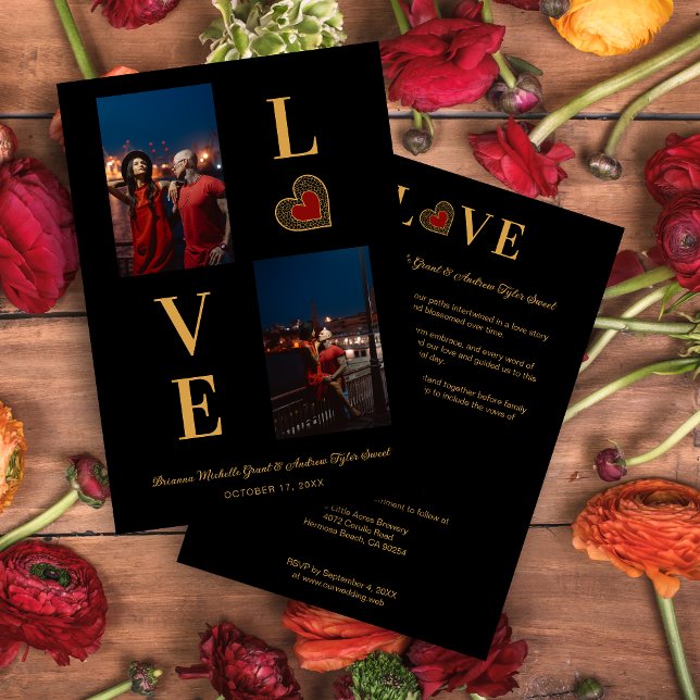 Romantic Love Red Lace Heart 2 Multi Photos  Invitation (Romantic Love Red Heart Fake Lace and Fake Golden Effect Simple Classic 2 Photos Collage Invitation.)