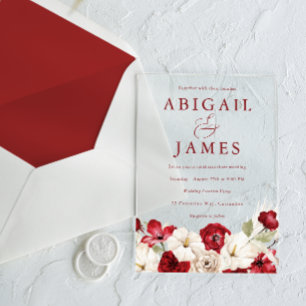 Romantic Love: Ruby Red & White Floral Wedding Acrylic Invitations