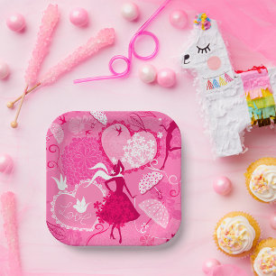 Romantic Love Silhouette Pattern Pink Hearts Paper Plate