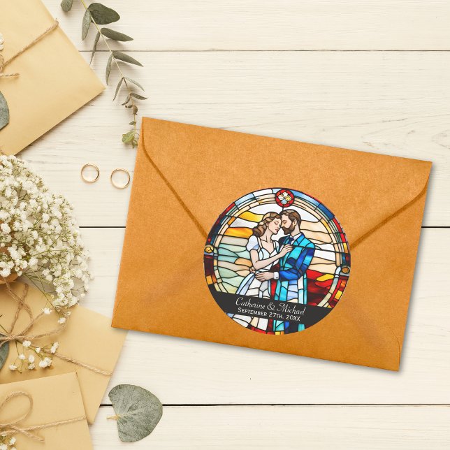 Romantic Love Stained Glass Style European Wedding Classic Round Sticker (Creator Uploaded)