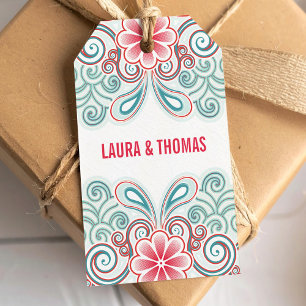 Romantic love theme with flowers and swirls gift tags
