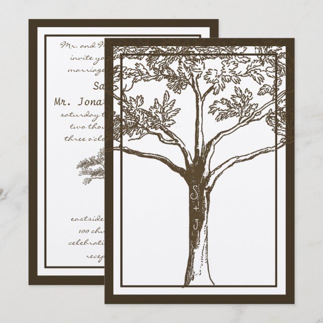 Romantic Love Tree Initials in Trunk Wedding Invitation (Front/Back)