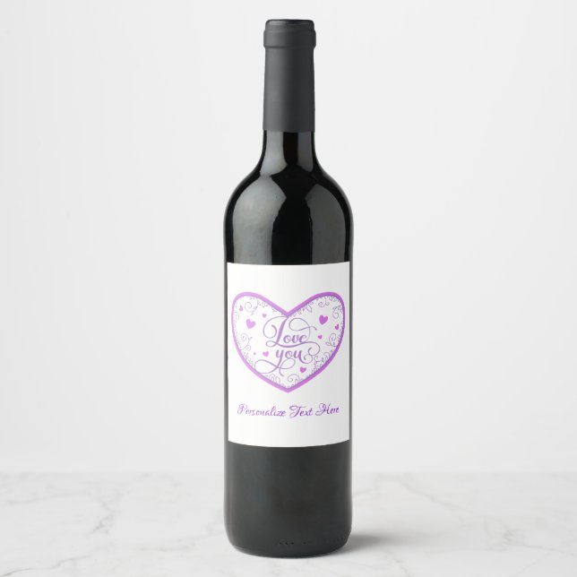 Romantic Love You Lavender Heart Personalised Wine Label (Front)