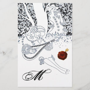 ROMANTIC LOVERS Black White Red Wax Seal Monogram Stationery