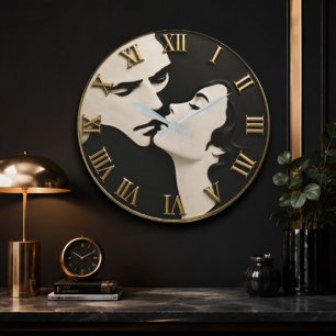 Romantic Lovers Modern Black & White Kiss Art Large Clock