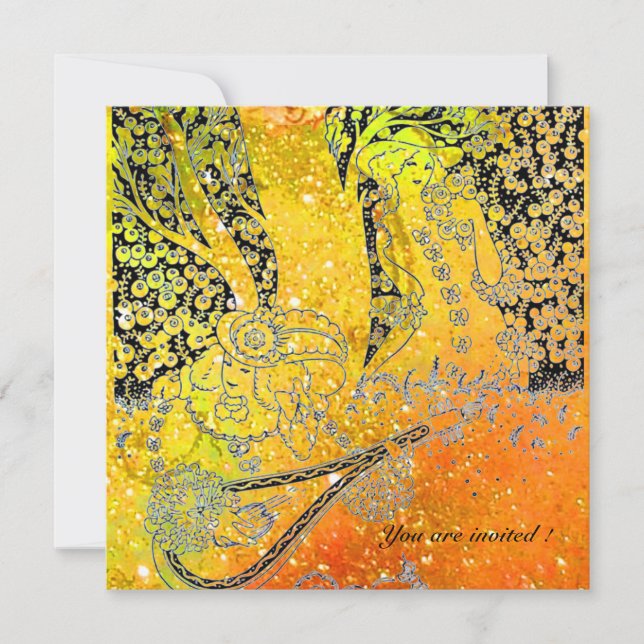ROMANTIC LOVERS,ROMANCE IN YELLOW ORANGE SPARKLES INVITATION (Front)