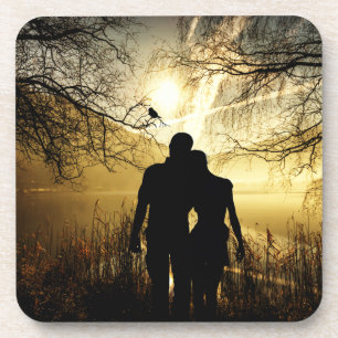 Romantic Lovers Silhouette at Sunset Coaster