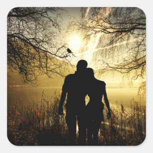 Romantic Lovers Silhouette at Sunset Square Sticker